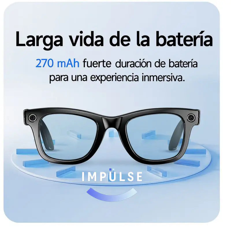Gafas inteligentes negras con batería de 270 mAh y larga duración, fondo azul tecnológico.