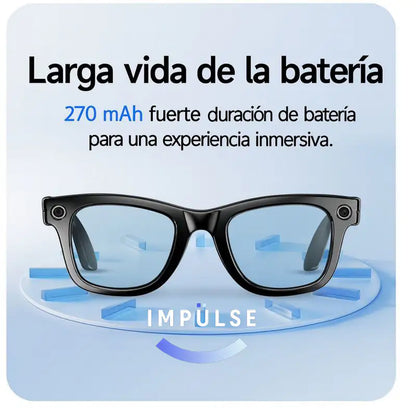 Gafas inteligentes negras con batería de 270 mAh y larga duración, fondo azul tecnológico.
