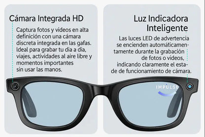 Gafas inteligentes con cámara HD integrada y luz LED indicadora, diseño moderno en negro.