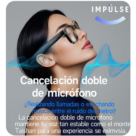 Mujer usando gafas inteligentes con cancelación de ruido y doble micrófono, tecnología moderna.
