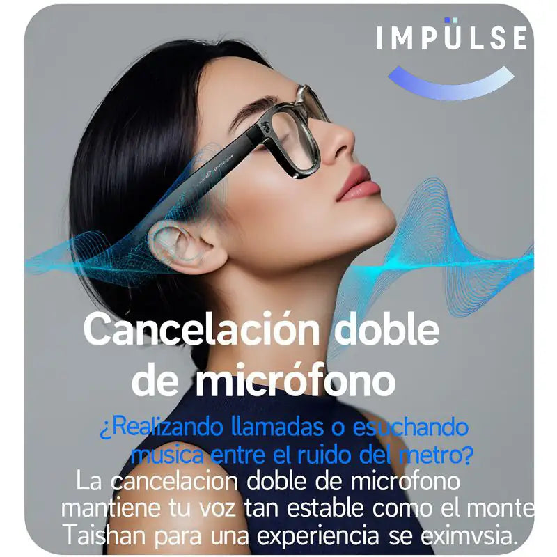 Mujer usando gafas inteligentes con cancelación de ruido y doble micrófono, tecnología moderna.