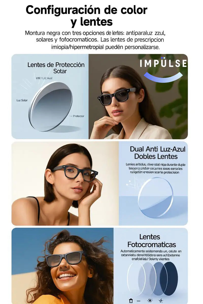 Gafas inteligentes con lentes fotocromáticos y protección anti luz azul, modelos femeninos.
