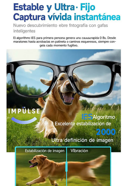 Gafas inteligentes con tecnología de estabilización EIS, perro corriendo en césped, imagen ultra definida.