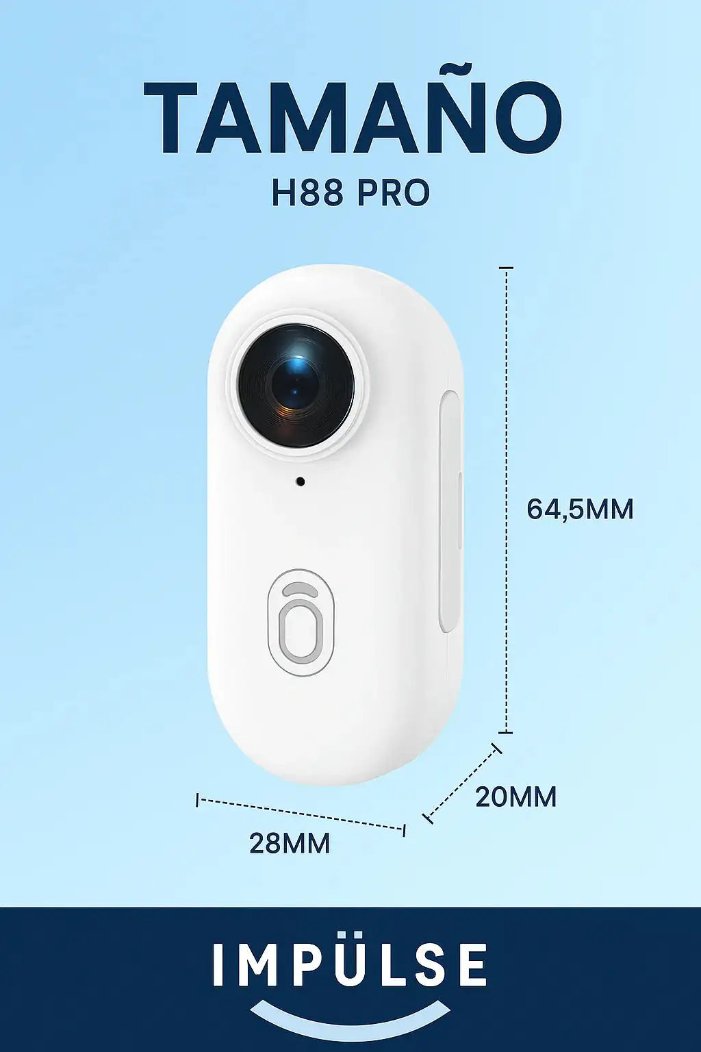 Cámara sumergible H88 Pro blanca, tamaño compacto 64,5x28x20 mm, ideal para aventura outdoor