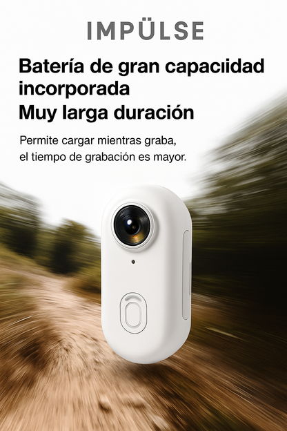 Cámara deportiva Impulse que permite grabar mientras se carga, ideal para deportes de invierno, compatible con power banks o baterías externas.