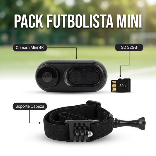 ⚽ Pack Futbolista Mini | Cámara 4K EIS Magnética + Micro SD 32GB + Correa para Cabeza