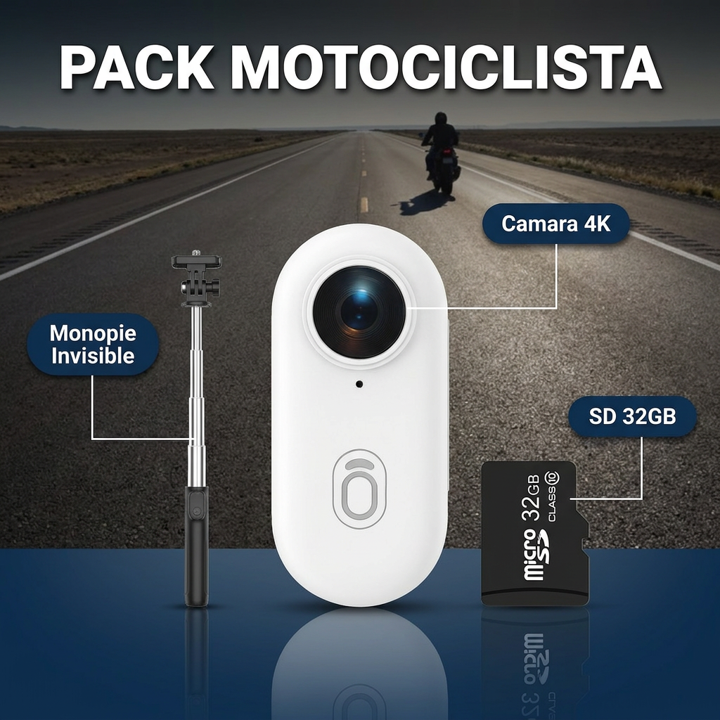 🏍️ Pack Motociclista | Cámara 4K H88 Pro + Bastón Selfie Invisible + Micro SD 32GB