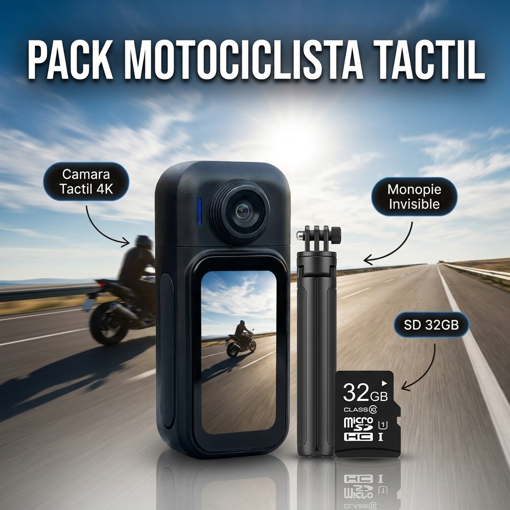 🏍️ Pack Motociclista Táctil | Cámara 4K Pantalla Táctil + bastón selfie Invisible + Micro SD 32GB