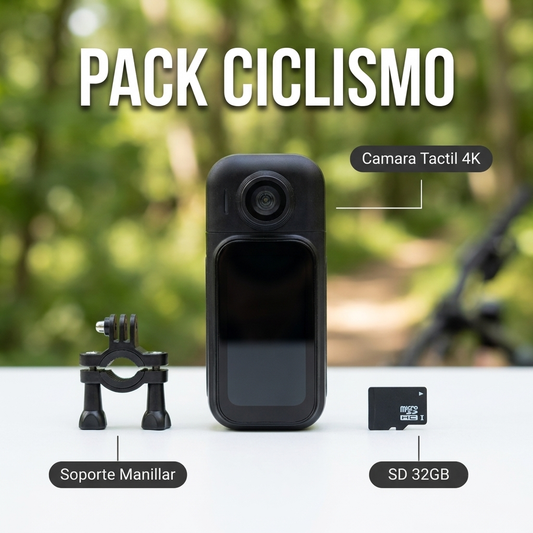 🚴 Pack Ciclismo | Cámara 4K Pantalla Táctil + Soporte Manillar 360° + Micro SD 32GB