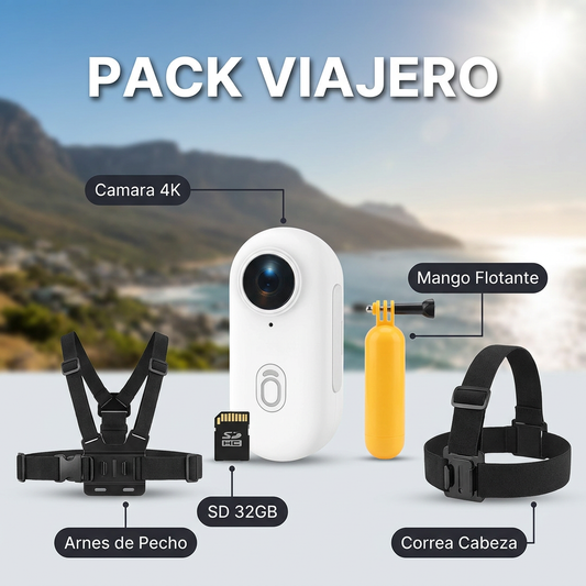 ✈️ Pack Viajero | Cámara 4K H88 Pro + 3 Montajes (Cabeza, Pecho y Flotante) + Micro SD 32GB