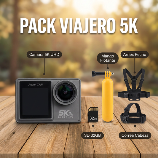 ✈️ Pack Viajero 5K | Cámara 5K UHD Doble Batería + 3 Montajes (Cabeza, Pecho y Flotante) + Micro SD 32GB