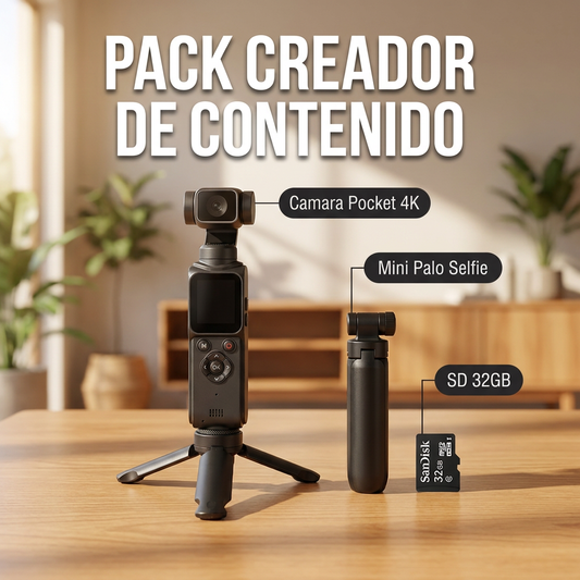🎥 Pack Creador de Contenido | Cámara Pocket 4K Gimbal + Mini Palo Selfie + Micro SD 32GB