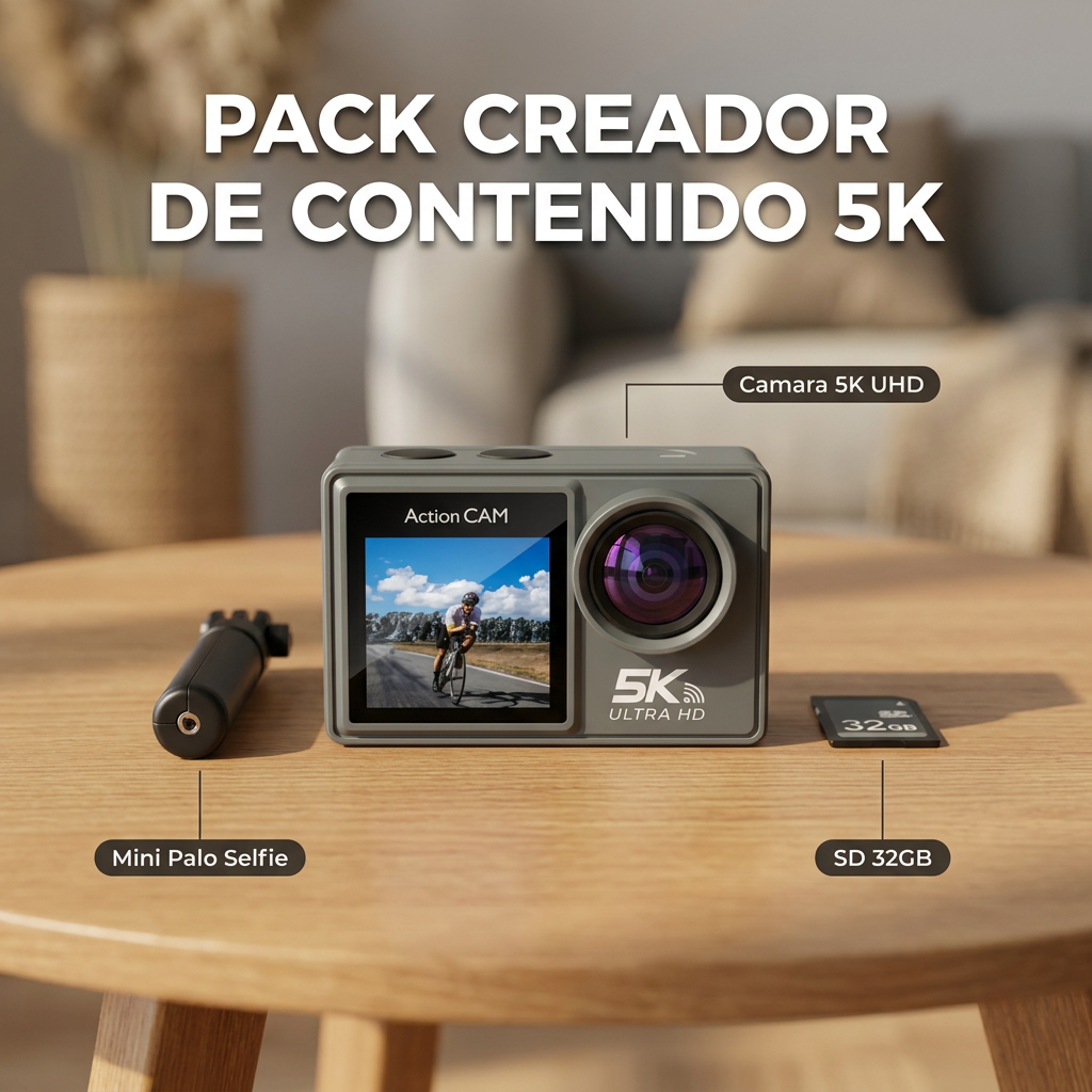 🎥 Pack Creador de Contenido 5K | Cámara 5K UHD Doble Pantalla + Mini Palo Selfie + Micro SD 32GB