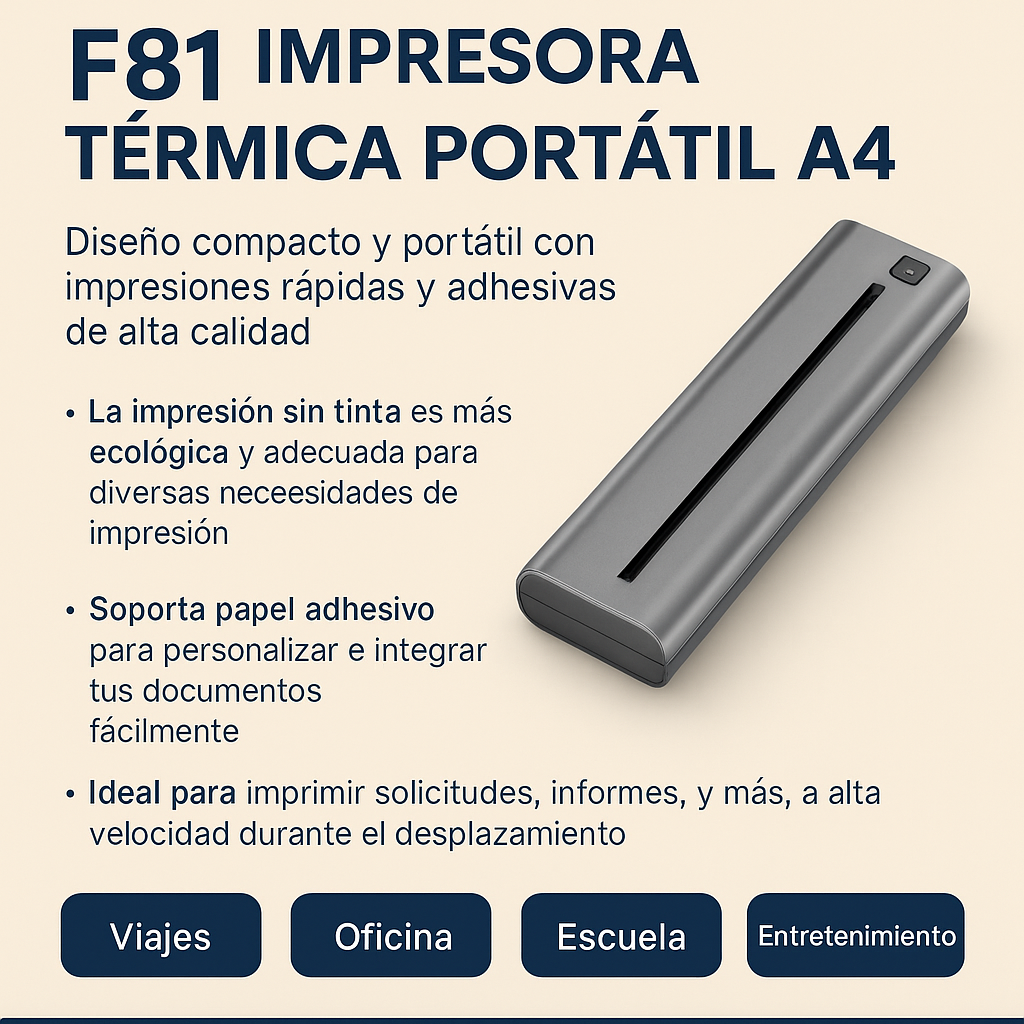 Impresora térmica portátil F81 para viajes, oficina y escuela - sin tinta, compacta y ecológica