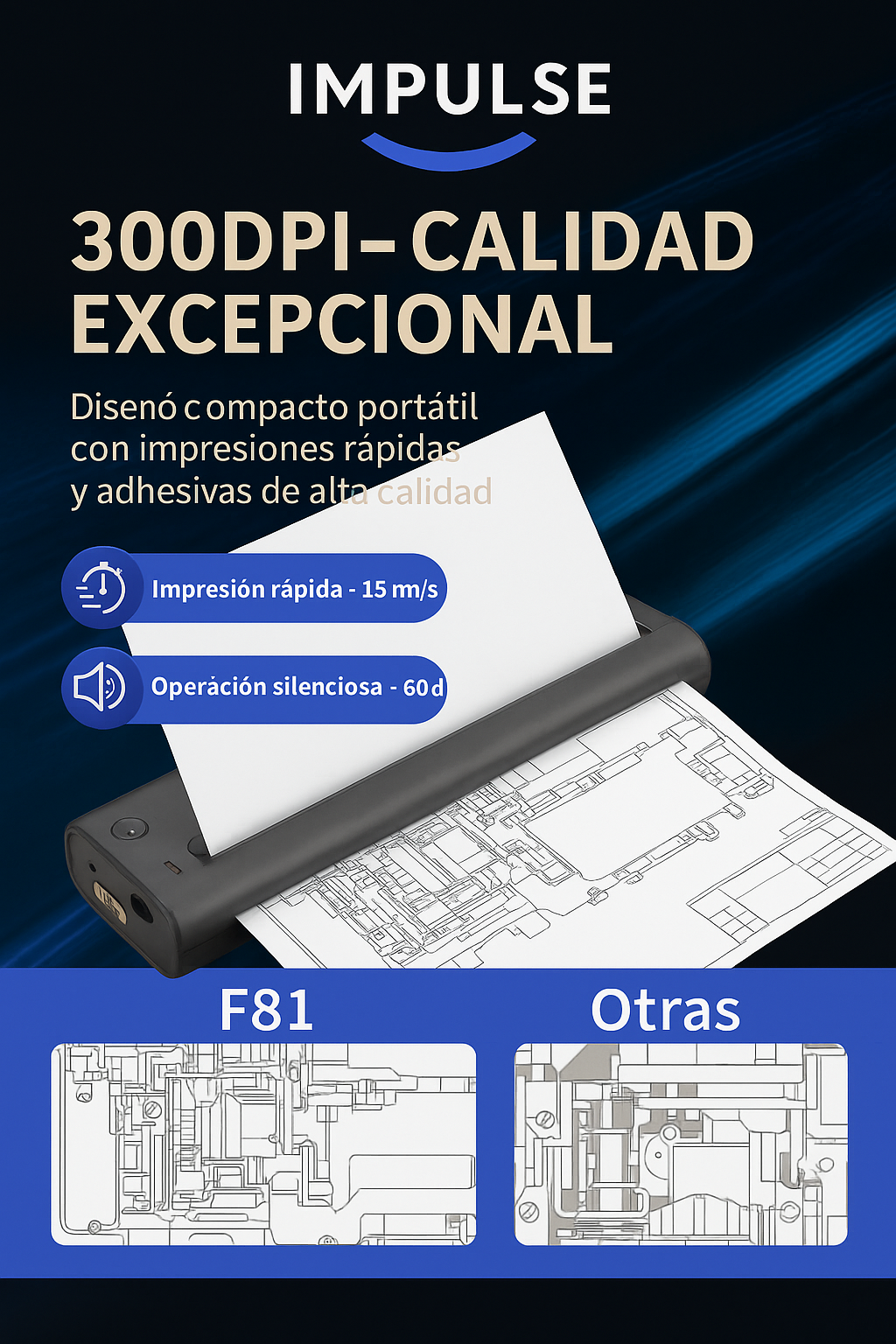Comparativa de calidad 300DPI impresora térmica F81 Impulse vs otras - impresión rápida y silenciosa