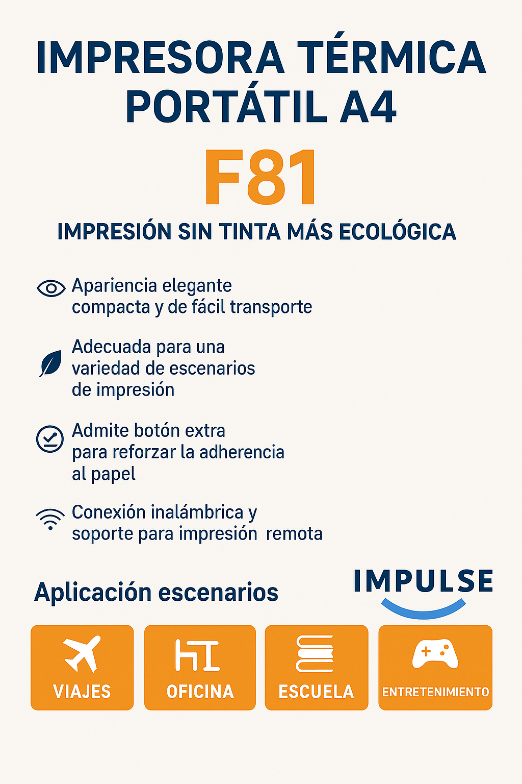 Ficha técnica impresora térmica F81 Impulse - impresión remota inalámbrica por WiFi o Bluetooth