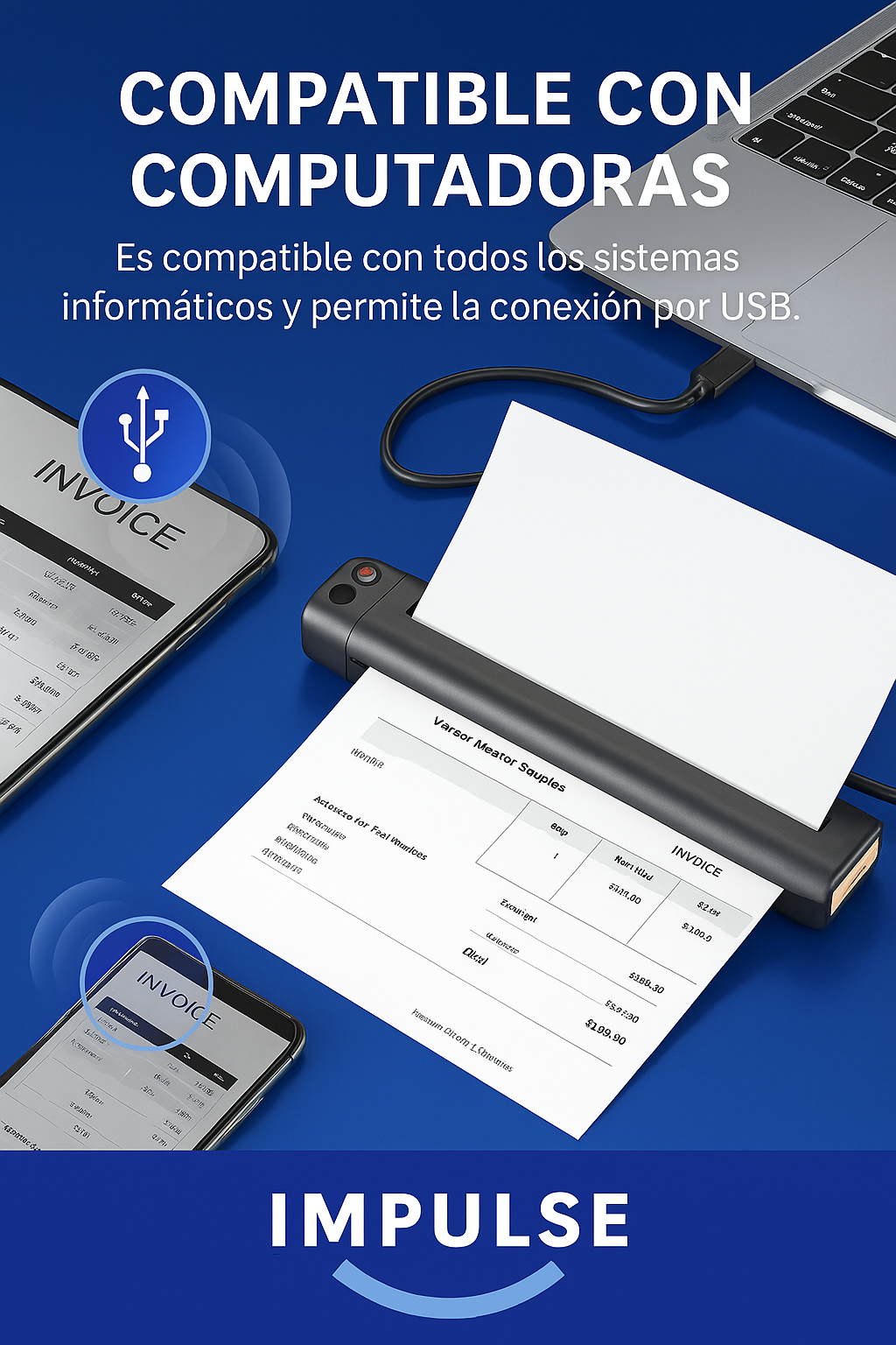Impresora térmica F81 Impulse conectada por USB a computador - compatible con Windows y Mac