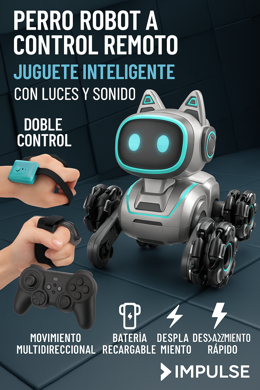Robot perro interactivo con diseño futurista, control remoto, ruedas omnidireccionales y luces LED azules.