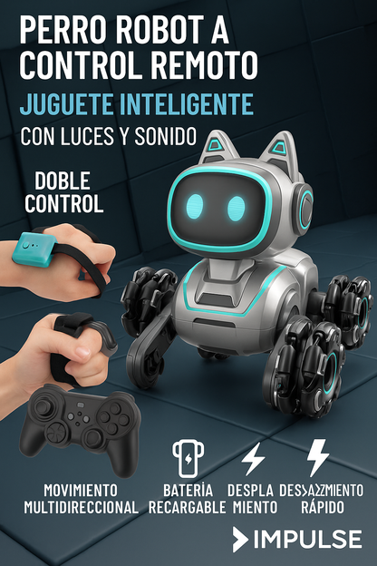 Robot perro interactivo con diseño futurista, control remoto, ruedas omnidireccionales y luces LED azules.