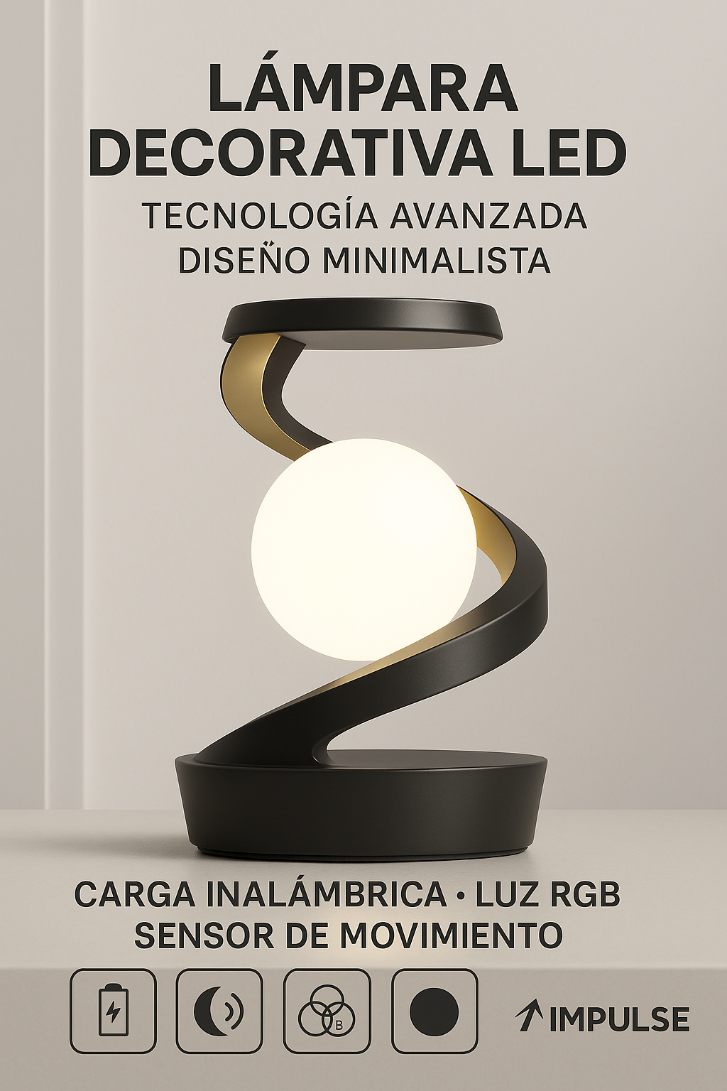 Lámpara decorativa LED minimalista con carga inalámbrica y sensor – Impulse