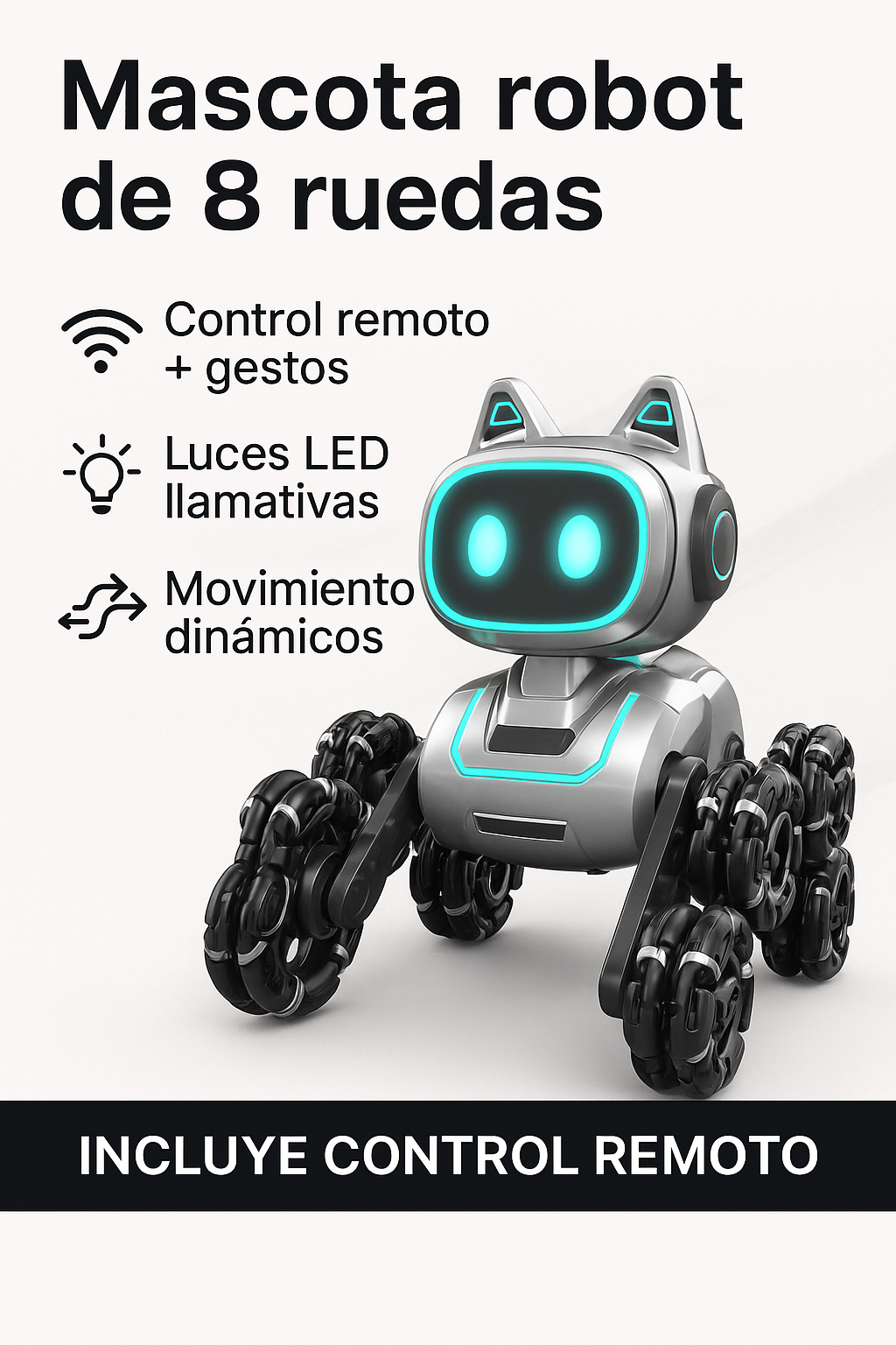 Mascota robótica multifuncional con luces LED, música, ruedas omnidireccionales y control dual tipo consola.
