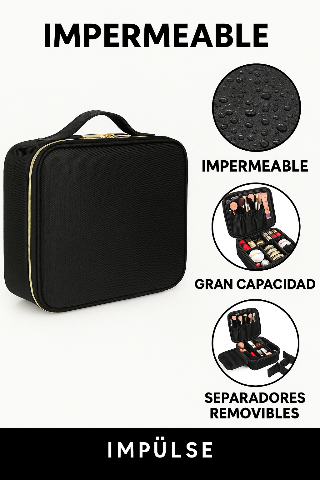 organizador de maquillaje impermeable con gran capacidad y separadores removibles - Impulse