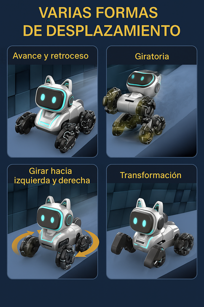Juguete robot con modos de movimiento: avance/retroceso, rotación, giros laterales y transformación del cuerpo.
