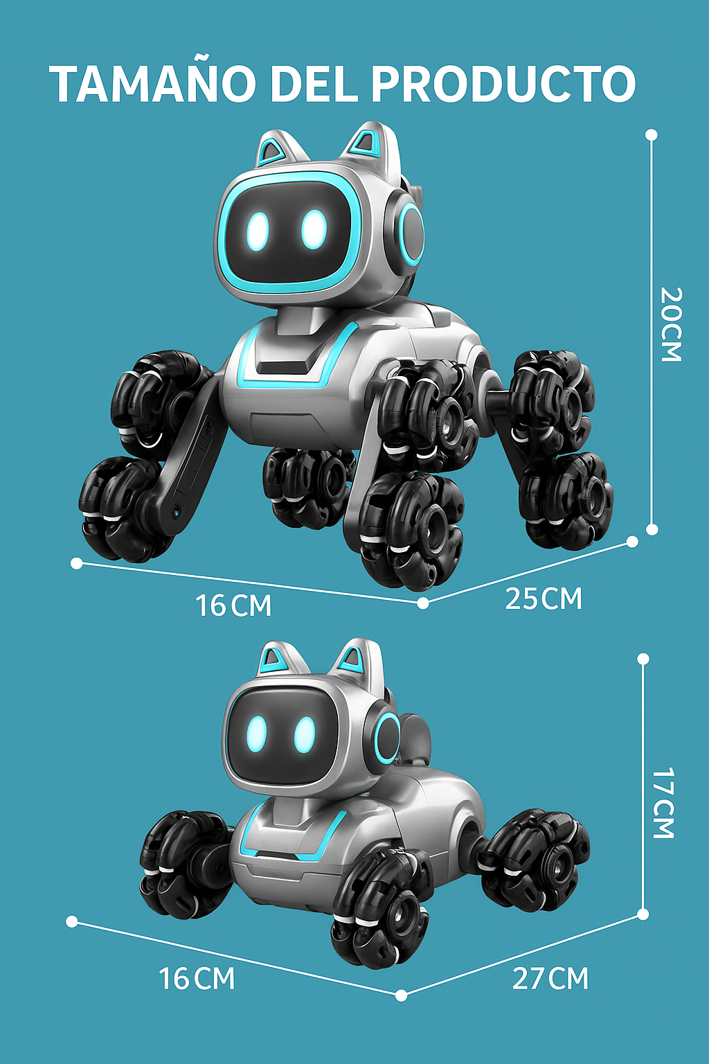 Dimensiones del robot perro: modelo alto 25x16x20 cm y modelo bajo 27x16x17 cm, ideal para niños desde 3 años.

