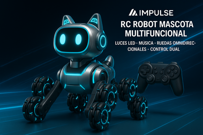 Control remoto tipo joystick y pulsera gestual para manejar el robot perro, con múltiples posiciones y funciones de movilidad.

