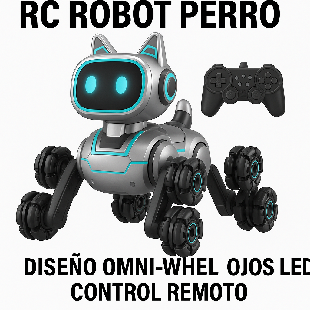 Robot perro de 8 ruedas con movimiento dinámico, luces LED, y control remoto o por gestos, ideal para niños desde 3 años.