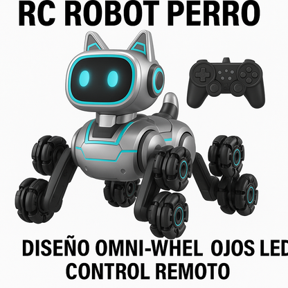 Robot perro de 8 ruedas con movimiento dinámico, luces LED, y control remoto o por gestos, ideal para niños desde 3 años.