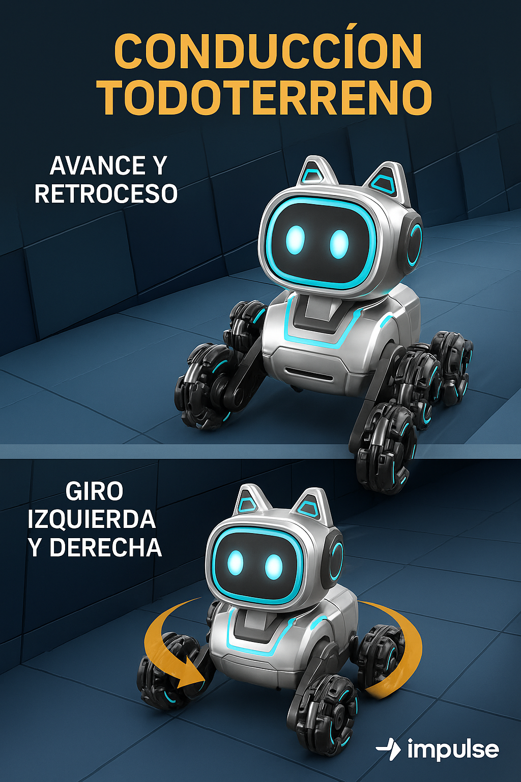 Perro robot con tracción todoterreno, funciones de avance, retroceso y giro izquierda/derecha, ideal para superficies planas.