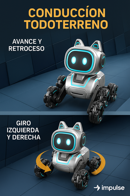 Perro robot con tracción todoterreno, funciones de avance, retroceso y giro izquierda/derecha, ideal para superficies planas.